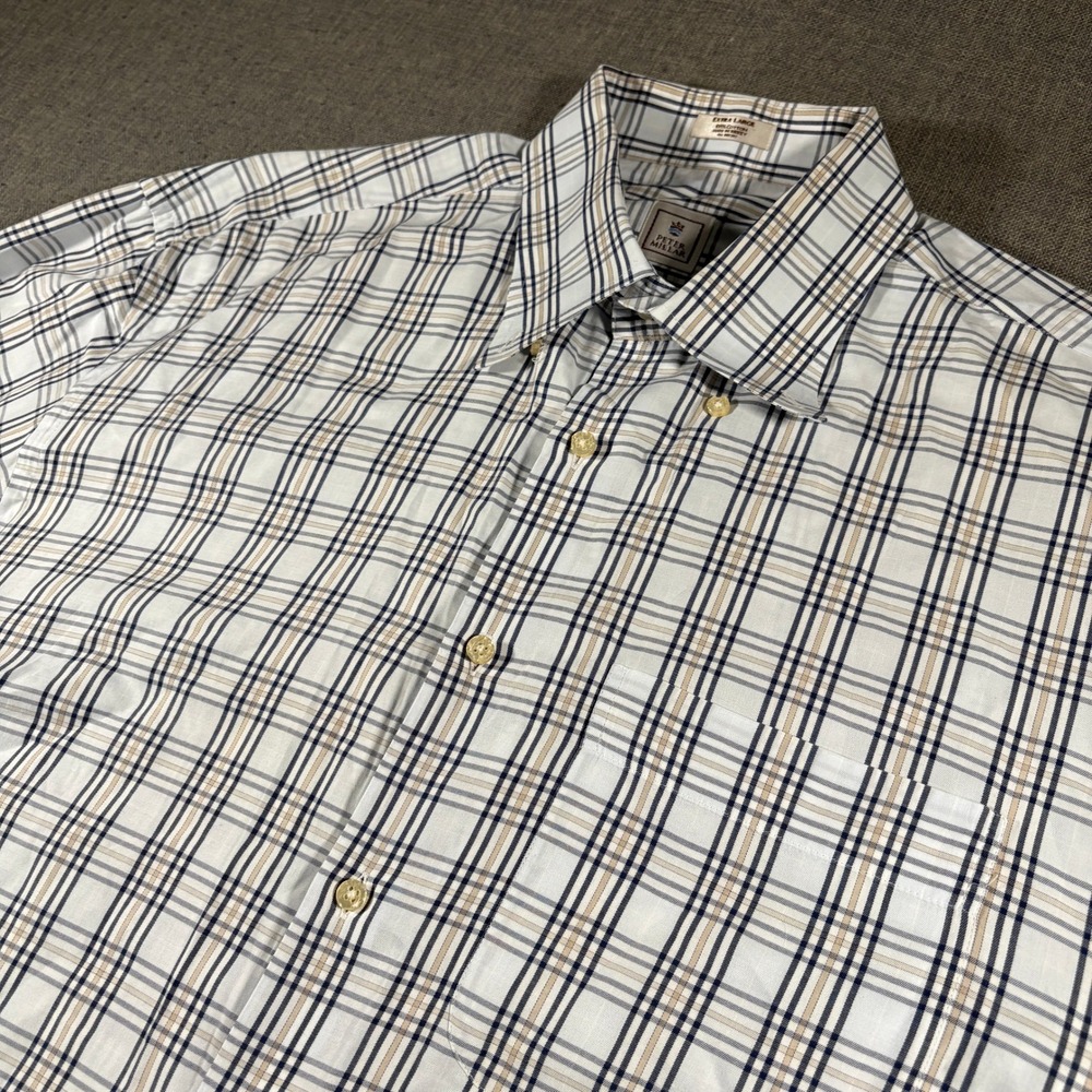 Peter Millar Button Down Shirt Mens XL White Plaid Long Sleeve Cotton Pocket